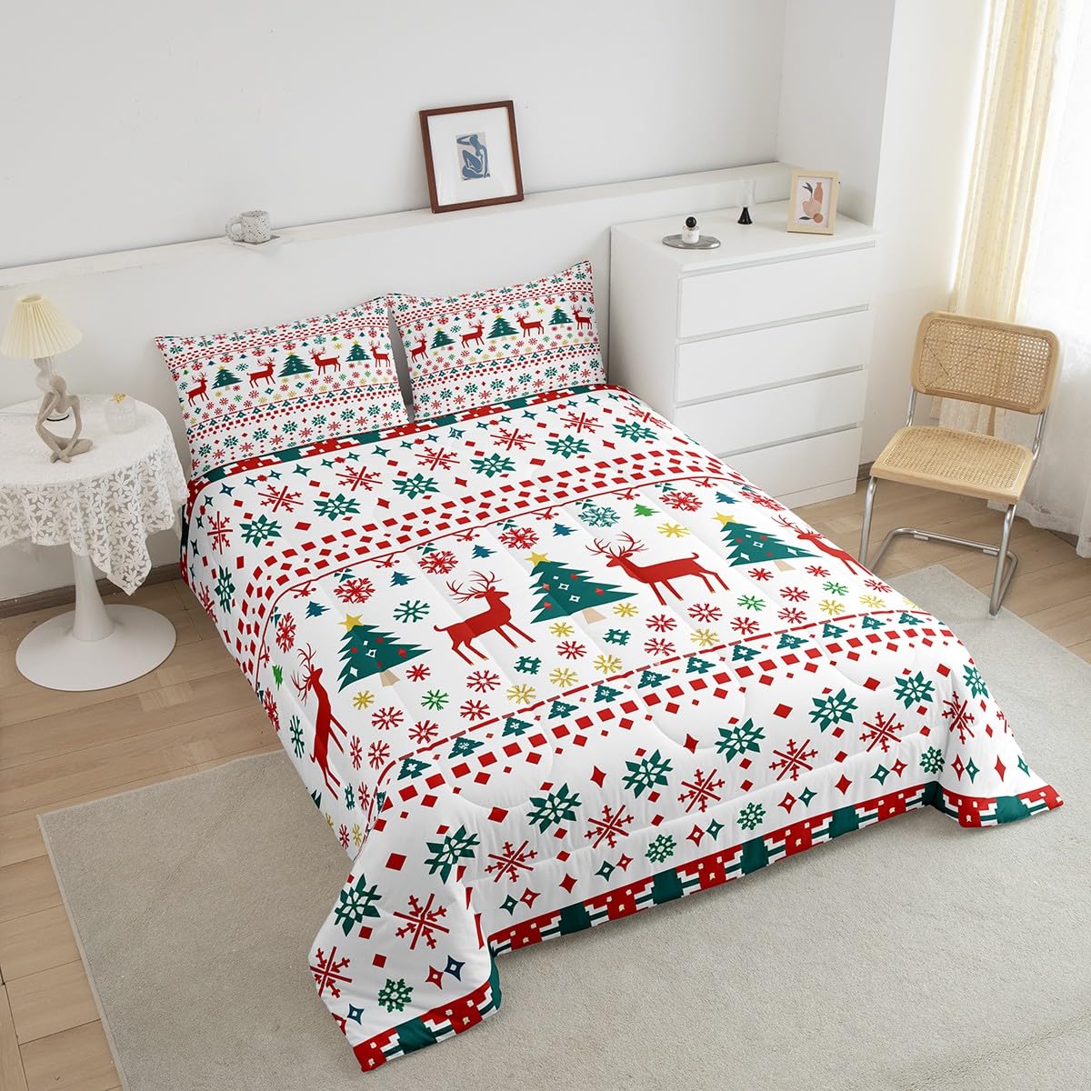 Reindeer Snowflake Comforter Set King Size,Abstract Christmas Tree Duvet Insert for Kids Boys Girls Room Decor,Bohemian Geometric Pattern Bedding Set 3Pcs,Merry Christmas Quilt Set,2 Pillowcases