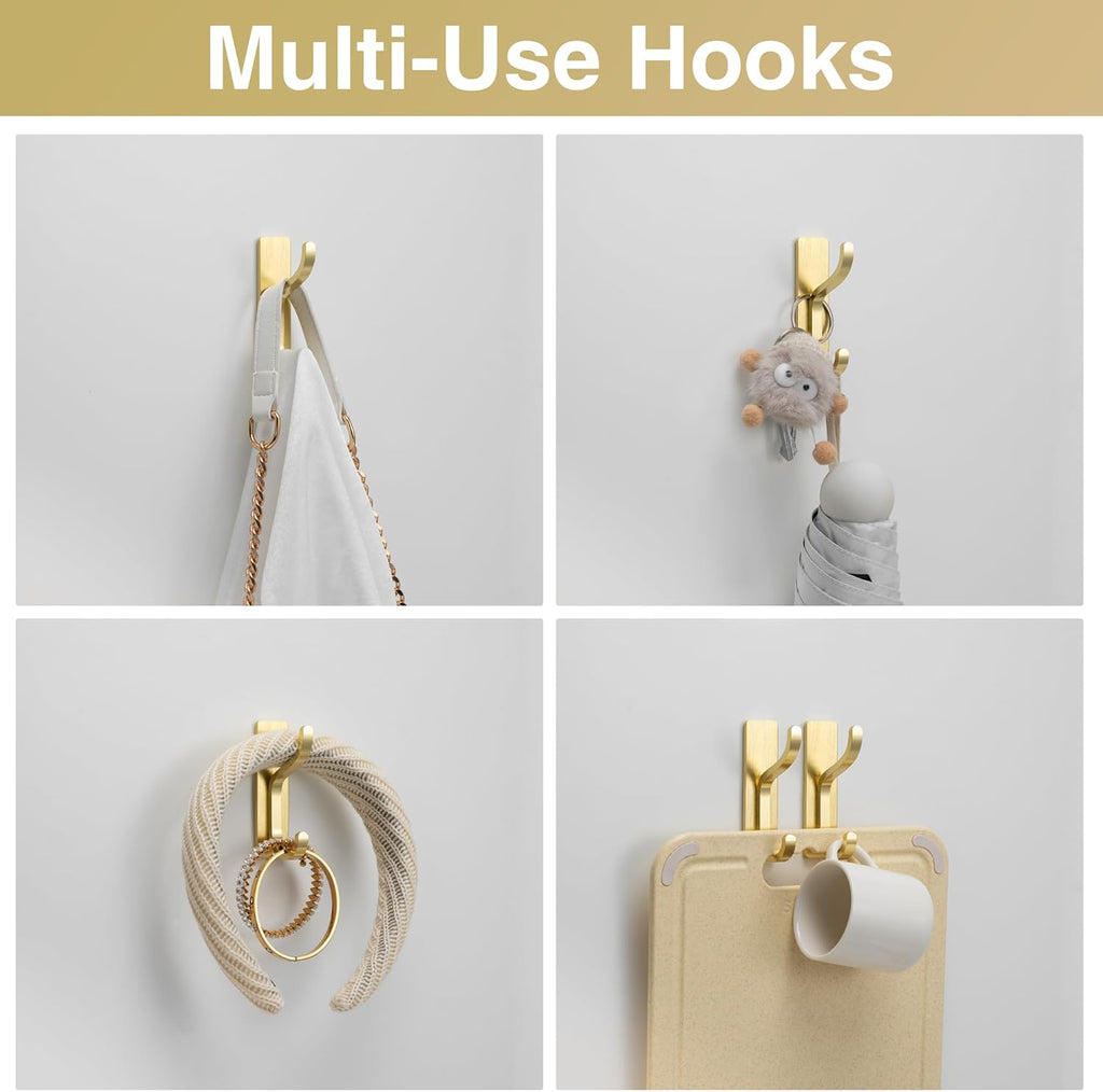 Pickpiff Adhesive Wall Coat Hooks - Heavy-Duty Stick-On Metal Hangers for Towels, Bags & Jackets - Gold, 4 Pack