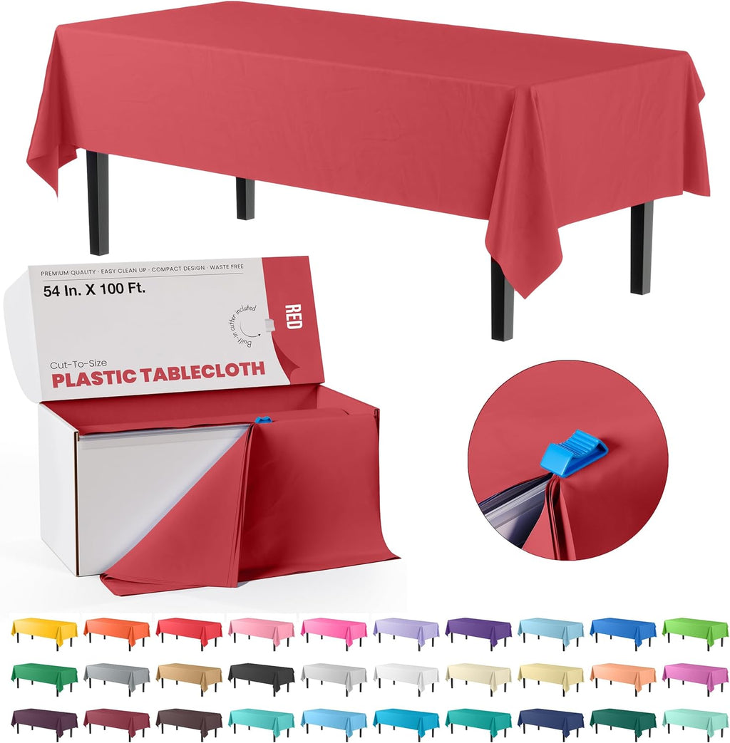 Party Solids Red Plastic Table Cover Roll - 54 Inch X 100 Feet with Convenient Slide Cutter