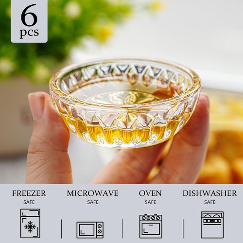 kanpura Mini Glass Bowls, Round Prep Bowl, Dishwasher Safe, Pinch Bowls for Dipping Spices Sauce, Stackable, 2 oz, Set of 6, (Clear)