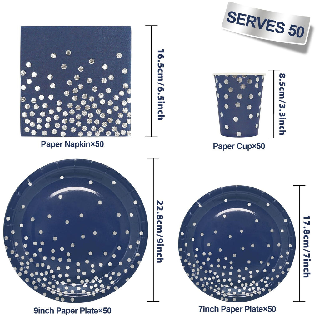 Gudvilla 200pcs Blue and Silver Party Deorations Birthday Plates Disposable-Serve 50 Guests,Navy Blue Plates and Napkins Party Supplies for Wedding Anniversary Retirement Graduation Decorations