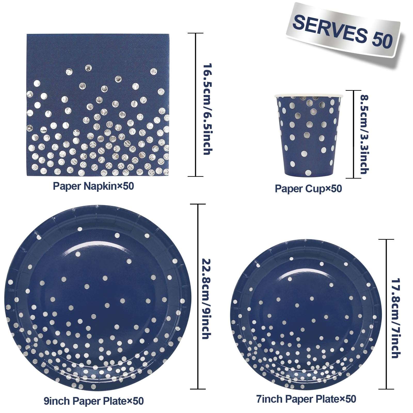 Gudvilla 200pcs Blue and Silver Party Deorations Birthday Plates Disposable-Serve 50 Guests,Navy Blue Plates and Napkins Party Supplies for Wedding Anniversary Retirement Graduation Decorations