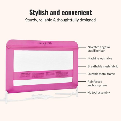 Dream On Me Lilibet Mesh Safety Bed Rail in Pink for Twin, Full and Queen Size Bed, Bed Rail for Toddler