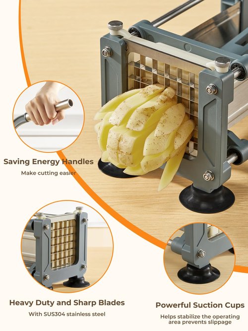 FOHRER French Fry Cutter, Professional Manual Potato Slicer for Potatoes with 3 Heavy Duty Stainless Steel Blades (1/2, 3/8, 1/4 Inch), Unique Blue Potato Cutter with Non-Slip Suction Feet
