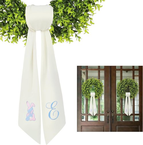 Elegant Easter Wreath Sash - 59" Long Embroidered Bunny/Cross/Egg Design for Boxwood & Magnolia Wreaths | Heavy Drape, Wrinkle-Resistant & Washable Spring Ribbon Decor