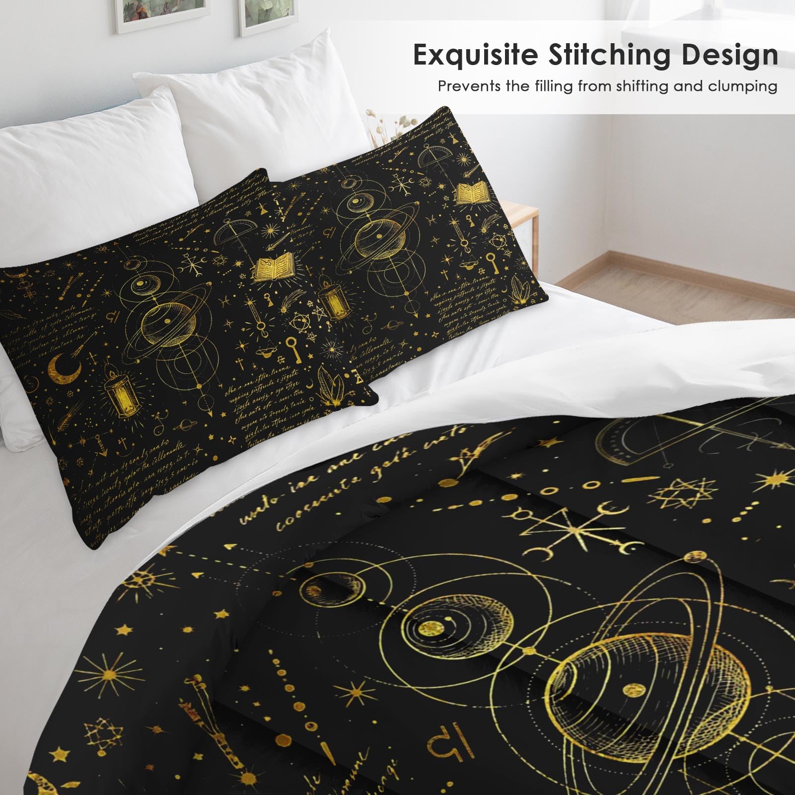 Pamnest Comforter Set Queen Size, Boho Tarot Space Soft 3 Pcs Magic Black Bedding for Kids and Adults, Spooky Sun Moon Pentagram Comforter Set with Pillowcase, for Bedroom Bed Decor