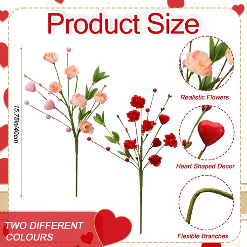 Suncalla 12 Pcs Valentines Day Decoration Rose Floral Picks 16 Inch Red Pink Heart Artificial Flower Berry Stems Flower Branches for Valentine's Day Wedding Anniversary Vase Table Centerpieces Decor