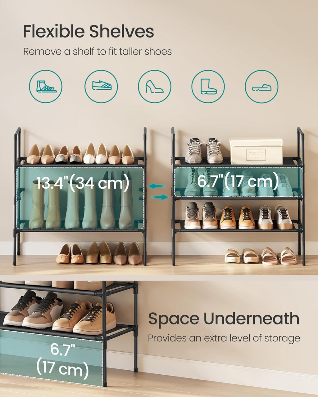 SONGMICS 3-Tier Shoe Rack - Slim Space-Saving Storage for Hallway Closet - Metal Frame, Black