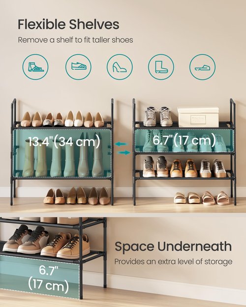 SONGMICS 3-Tier Shoe Rack, Shoe Storage for Hallway Closet, Slim and Space-Saving, Metal Frame, Non-Woven Fabric Shelves, Black ULSH043BH01