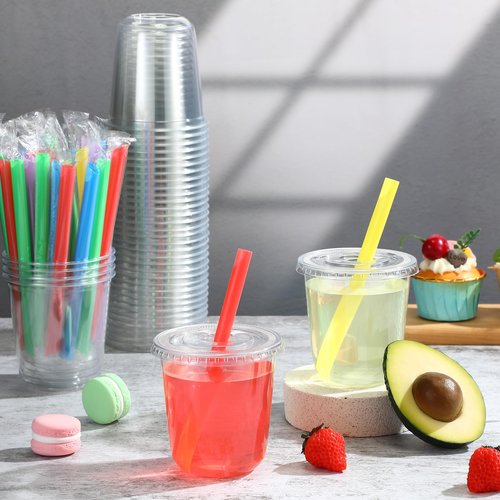 Ziliny 50 Sets Clear Cups with Lids and Jumbo Smoothie Straws Disposable Plastic Cups for Smoothies, Bubble Milk Tea, Milkshakes, Cold Drinks(12 oz)