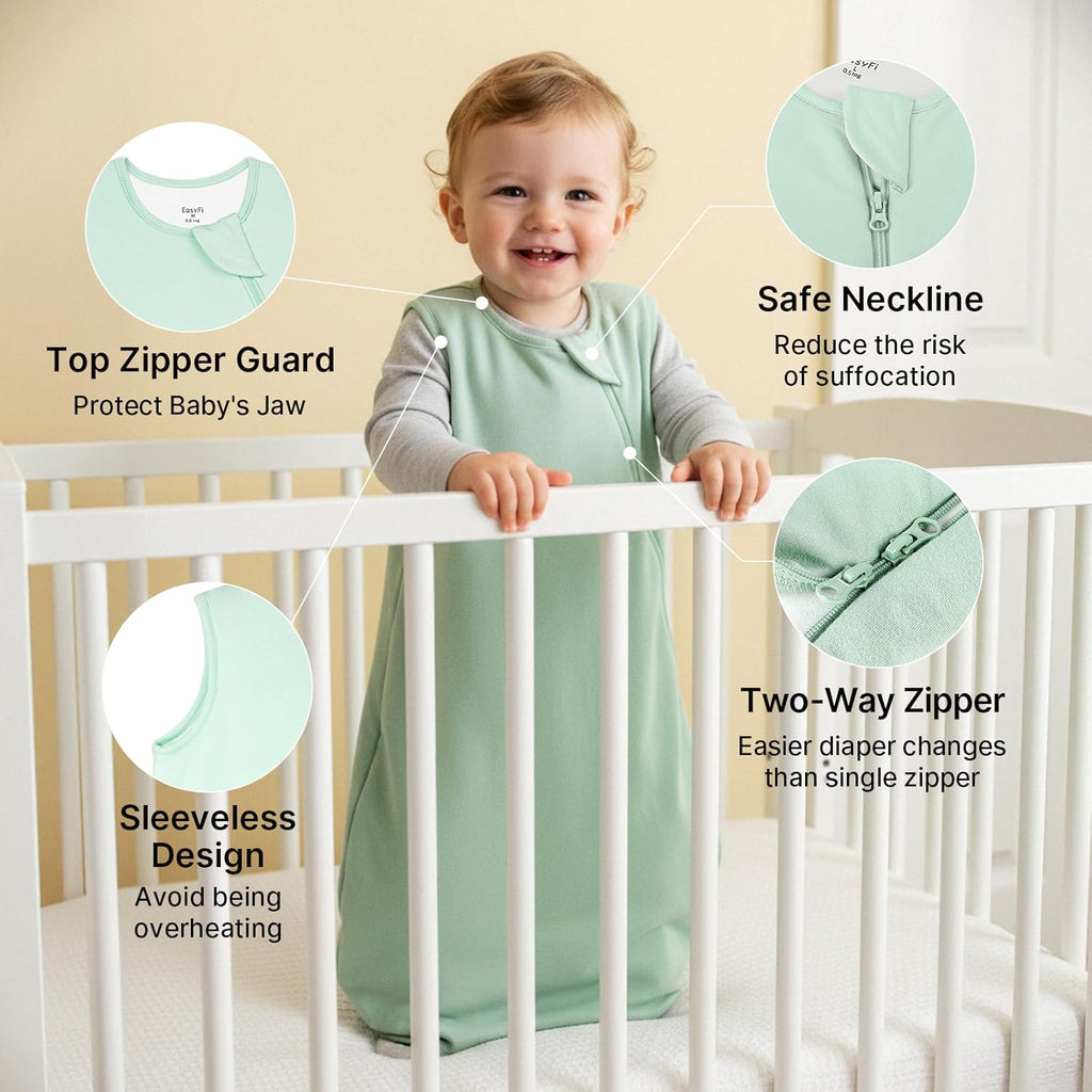 Skiennix Supersoft Bamboo Sleep Sack - Lightweight 0.5 Tog Toddler Wearable Blanket | 6-12 Months, Green & Gray (2 Pack)