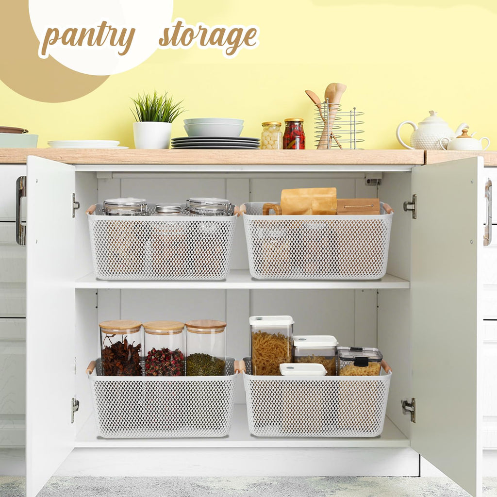 Ziliny 4 Pcs Plastic Mesh Baskets with Handles - Mesh Storage Hanging Organizer Bin Container Baskets for Home Organizing Pantry Closet Cabinet Kitchen Fridge Fruit Snacks Gifts, Grey(Large)