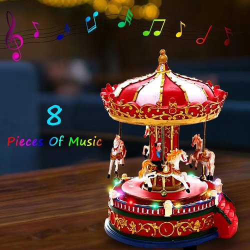 Christmas Carousel Figurines Decoration Christmas Village House Musical Carousel with 6 Moving Horses Go Round, 8 Pieces of Music Snow Globe, Music Box for Girl and Boy Kids (Carouel)
