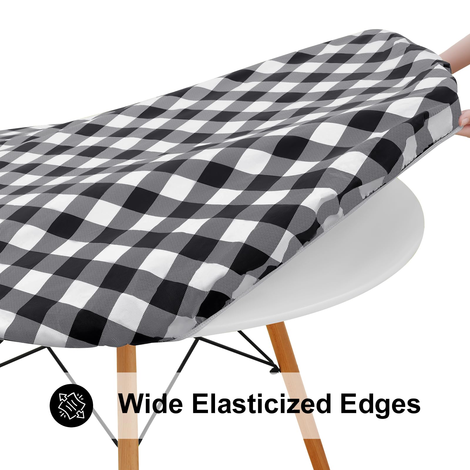 Smiry Round Picnic Tablecloth, Elastic Waterproof Fitted Vinyl Tablecloths for 57"-68" Tables, Flannel Backed Buffalo Plaid Table Cover for Dining, Camping, Outdoor, Black and White