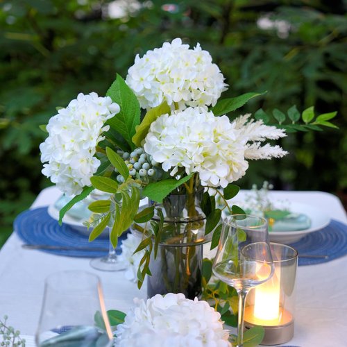 IPLNTS 5pcs 18.5 inch Realistic Fake White Flowers Artificial Silk Hydrangea Flowers Artificial Flowers Faux Hydrangea Stems for Bouquets Home Outdoor Wedding Party Centerpieces Decor (Cream White)