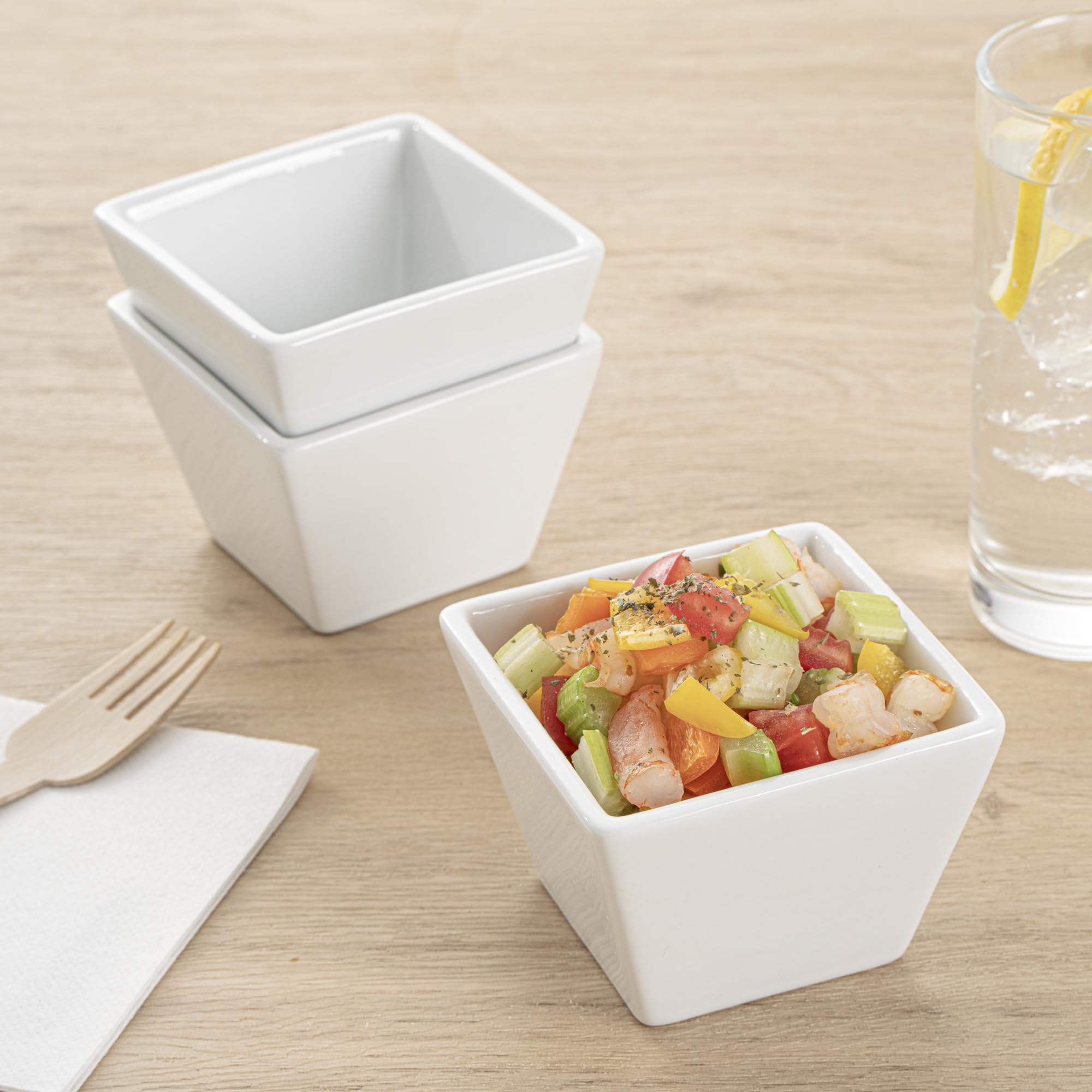 Restaurantware 6 Ounce Small Dessert Cups 10 Square Fondue Bowls - Oven Safe Chip Resistant White Porcelain Porcelain Dip Bowls Dishwasher Safe For Snacks Or Desserts