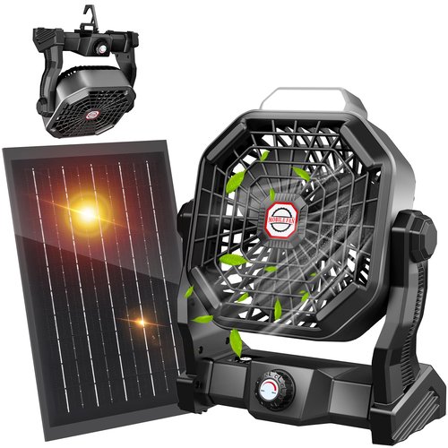 JINLICTE 10400mAh Solar Fan with LED Lantern, Camping Fan with 7W Solar Panel, Rechargeable Solar Powered for Outside, Quiet Battery Operated Tent for Picnic, Barbecue, Fishing, Travel