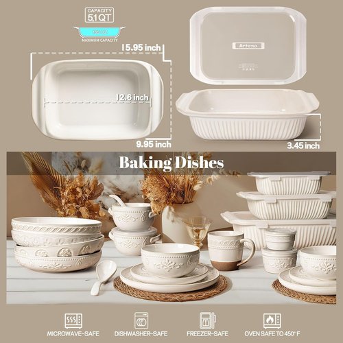 Artena Baking Dish - 5.1 Quart Casserole Pan With Handles | Deep Rectangular White Ceramic Bakeware
