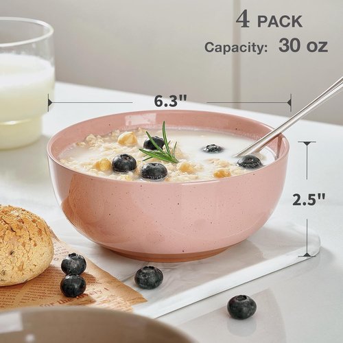 White Large Ceramic Bowls Set of 4, 30 Ounce Cereal Bowls, Soup Bowls Set for Kitchen, Salad Oatmeal Bowls, Serving Bowls for Nut, Pasta, Soup, Ramen, Fruit, Dishwasher & Microwave Safe (White)