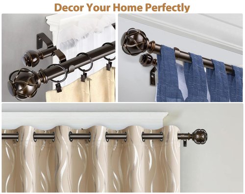 KAMANINA 1 Inch Double Curtain Rods 66 to 120 Inches (5.5-10 Feet) Telescoping Heavy Duty Drapery Rod for Windows 54 to 115, Netted Texture Finials, Antique Bronze