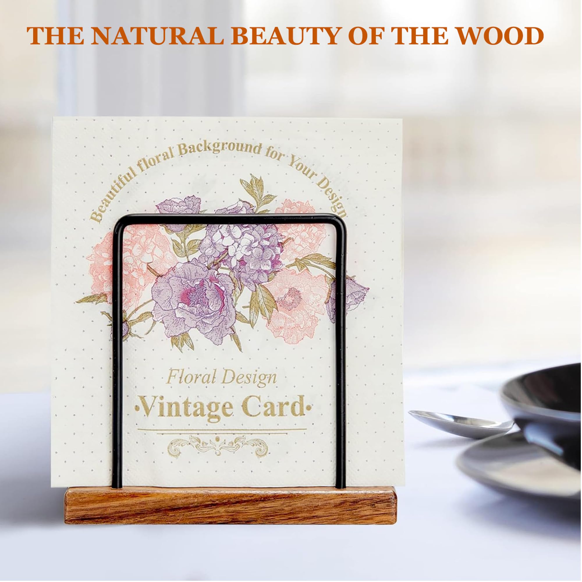 Acacia Wood Napkins Holder with Metal Wire,Standing Napkin Holder for Table