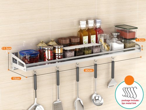 wwdoor home Wall Mount Metal Wall Shelf Kitchen Spice Condiment Racks 304 Stainless Steel fit Storage Rack Bedroom Bathroom Living Room Shelves (Length31.5 width5.9)