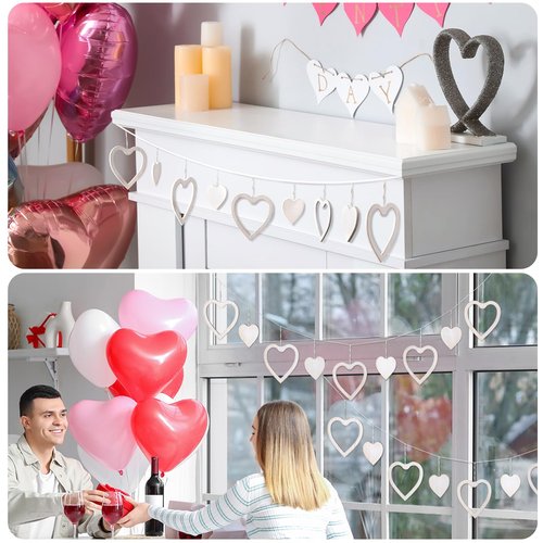 Chunful Valentine's Day Heart Garland Decorations Rustic Wooden Love Strings Banner for Valentines Day Hanging Indoor Decor Farmhouse Home Office Wall Fireplace Mantel Window Party Supplies