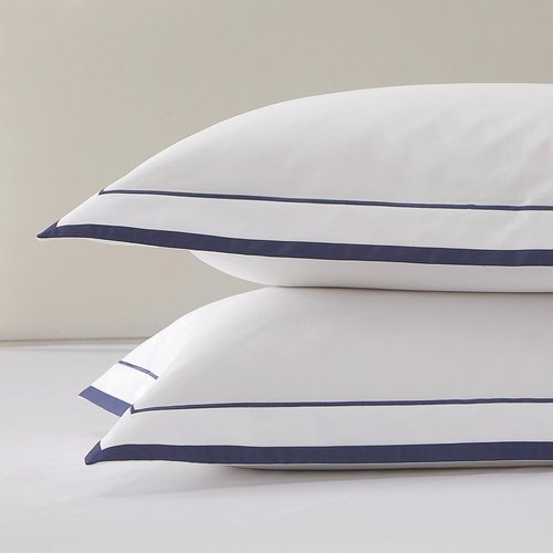Ranznaz White King Pillow Shams Set of 2, 100% Cotton Luxury Hotel Pillowcases with Navy Embroidered Double Border, Soft Smooth Elegant Decorative Pillow Cases with Envelpe Closure, 20x36 Inches