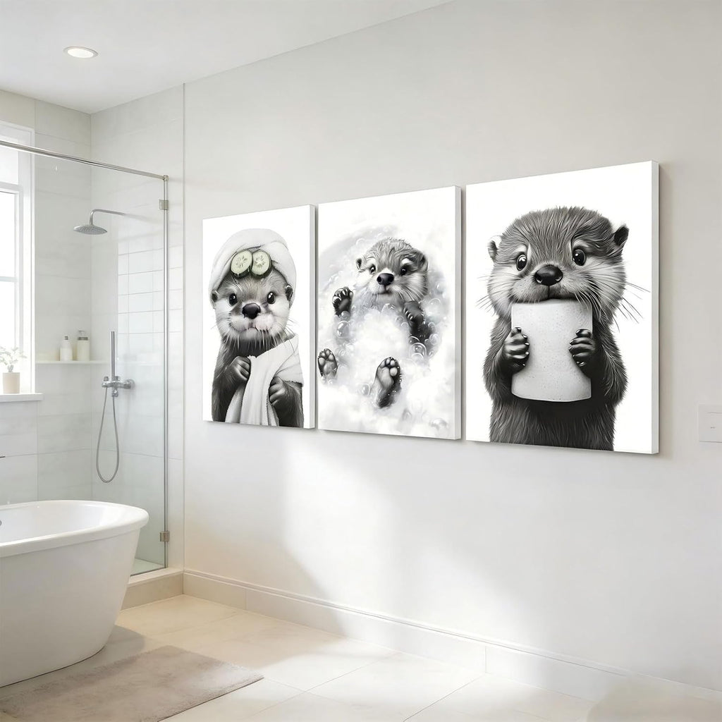 Skiennix Cute Otter Canvas Wall Art - Funny Black and White Bathroom Decor | 3-Piece Set