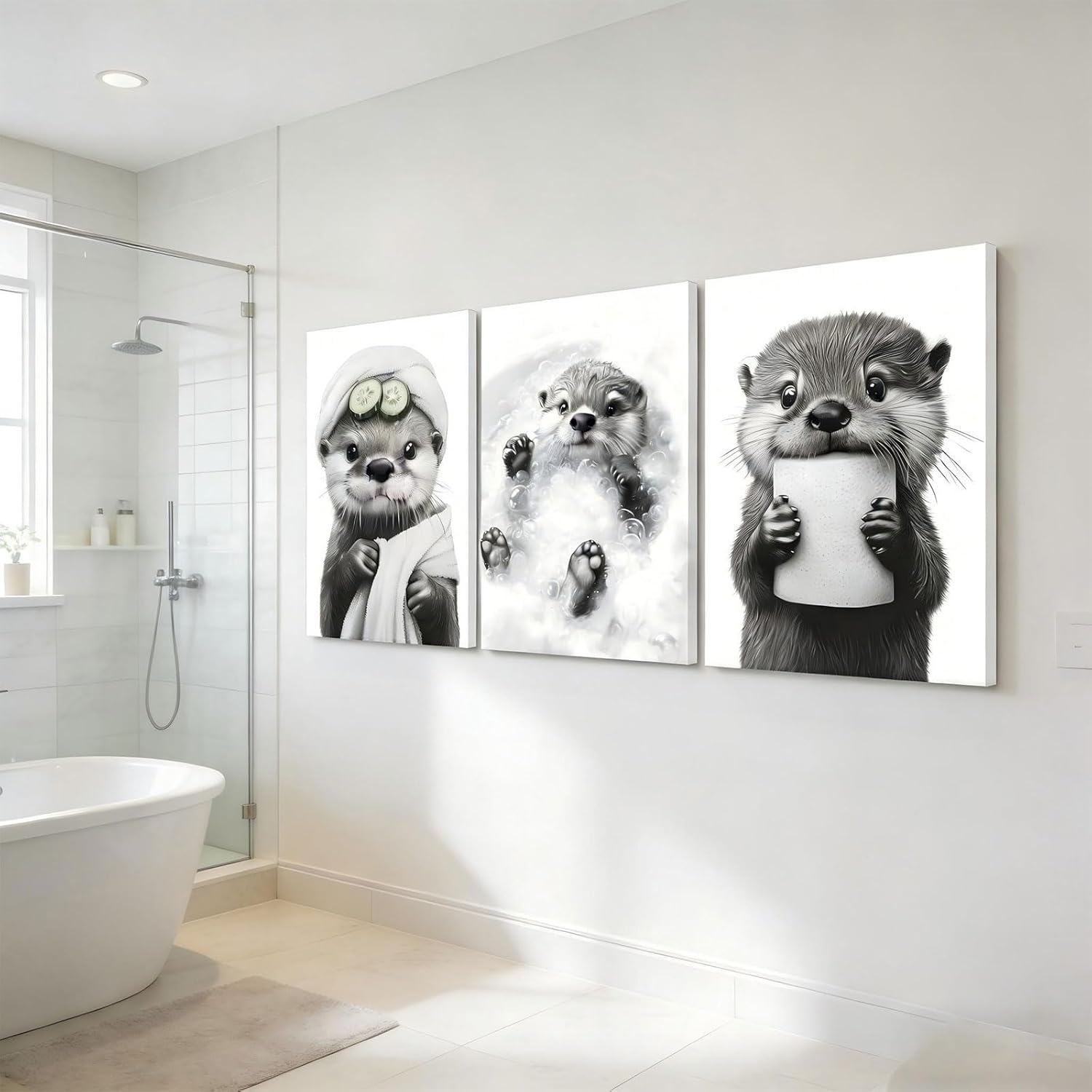 Skiennix Cute Otter Canvas Wall Art - Funny Black and White Bathroom Decor | 3-Piece Set