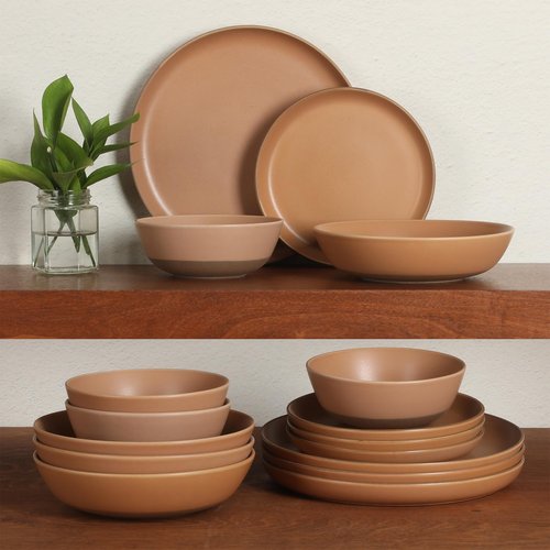 Gibson Elite Laguna Bliss 16 Piece Stoneware Reactive Glaze (Service for 4) Ceramic Plates and Bowls Dinnerware Set - Matte Clay W/Terracotta Bottom