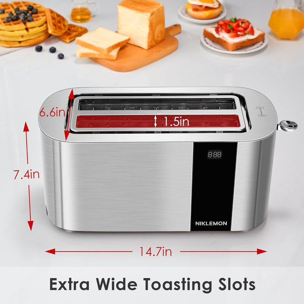 NIKLEMON Stainless Steel 4-Slice Toaster - LED Display, Touch Buttons, Extra Wide Slots, 1300W