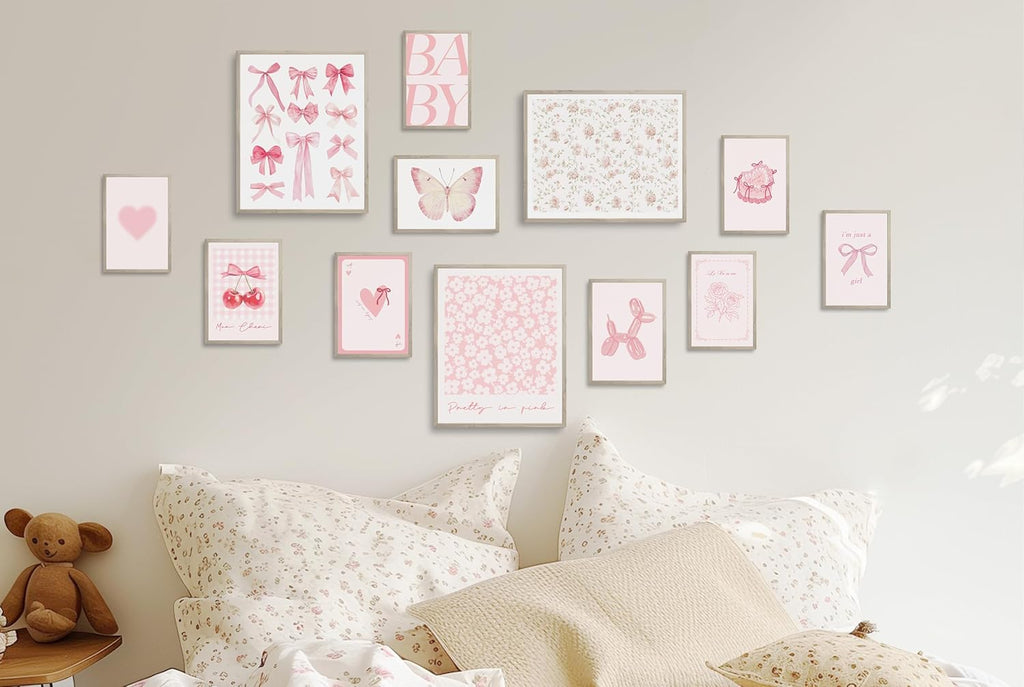 TwoDays Pink Coquette Wall Art | Aesthetic Light Pink Bows Posters for Girls' Dorm | Set of 12 Unframed (8" x 10" Largest)