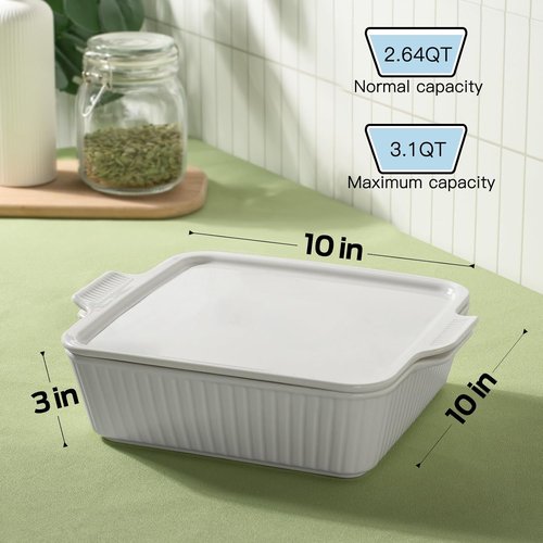 Dizada 10" Square Casserole Dish - 2.6 Qt Porcelain Bakeware with Lid | Oven to Table, Microwave & Dishwasher Safe