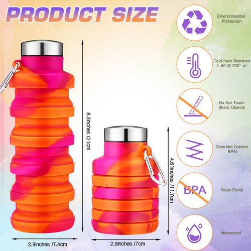 Sunnyray Collapsible Water Bottles Bulk Foldable Water Bottles 17oz Silicone Portable Leak Proof Reusable Sports with Clip for Travel Hiking Camping Outdoor(Tie-dye,20 Pack)