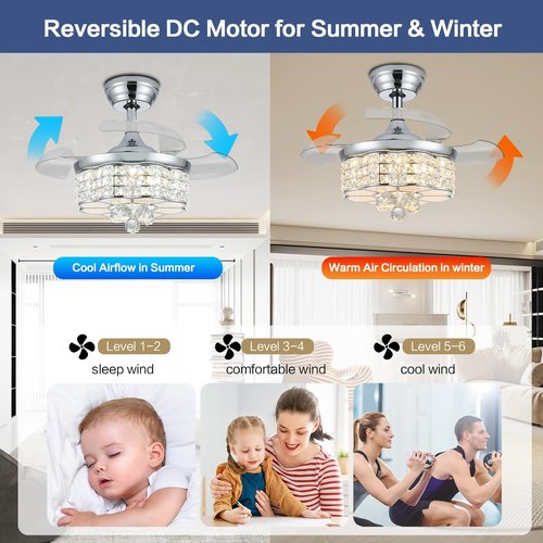 Zynfandor 30" RGB Crystal Retractable Ceiling Fan with Light Dimmable LED Chandelier, Remote & App Control, 6-Speed Timer, Memory Function for Bedroom Living Room,Silver