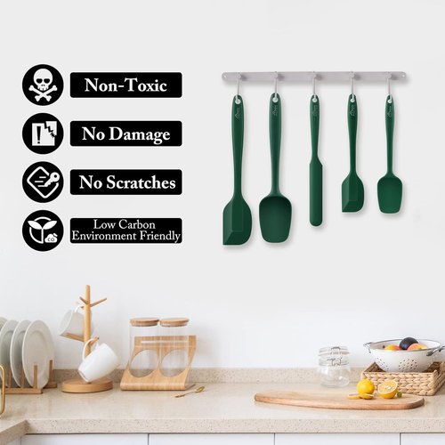 HOTEC Silicone Rubber Spatula Set - 600℉ Heat Resistant, BPA-Free, Dark Green | Set of 5 for Non-Stick Cookware