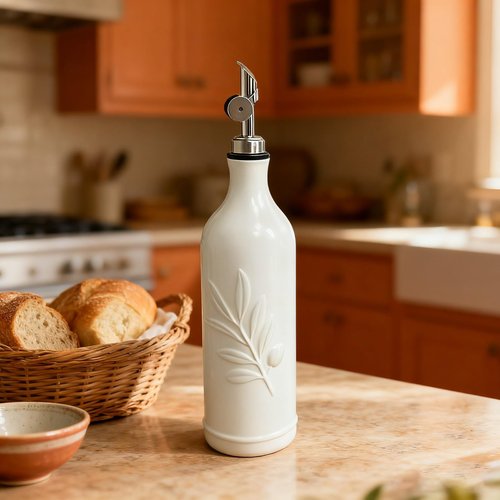 Lurockie 20 Oz Ceramic Olive Oil Dispenser Bottle, with Stainless Steel Spout & Funnel, Ideal for Oil, Vinegar, Coffee Syrup & Liquids (White)