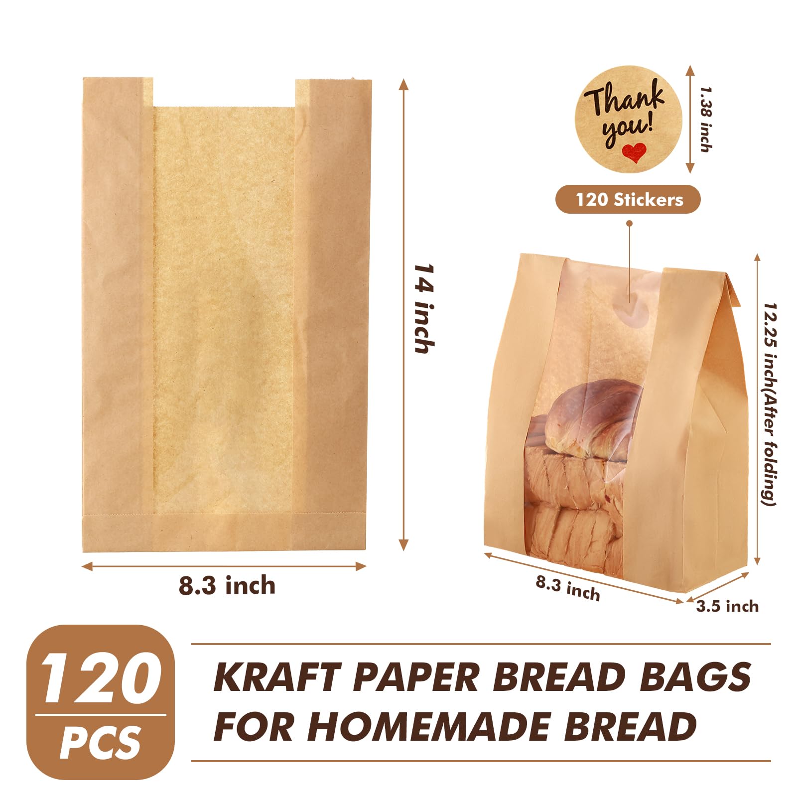 Aertiavty 120 Packs Bread Bags for Homemade Bread, 14" x 8.3" x 3.5" Bakery Bags with Window, Sourdough Bread Bags with Label Sealing Stickers, Paper Bread Bag for Sourdough, Snacks, Kraft
