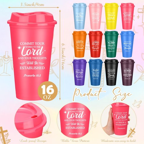Funnymoom 48 Pack Christian Cups for Employee 16oz Religious Plastic Tumblers with Lids Bible Notebooks and Pens Bulk Christian Cups for Team Staff Coworker Gifts (Classic Color)