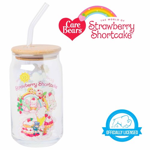 Silver Buffalo Strawberry Shortcake Featuring Lemon Meringue, Blueberry Muffin, and Pupcake Glass Jar Tumbler with Bamboo Lid and Glass Straw, 16 Ounces