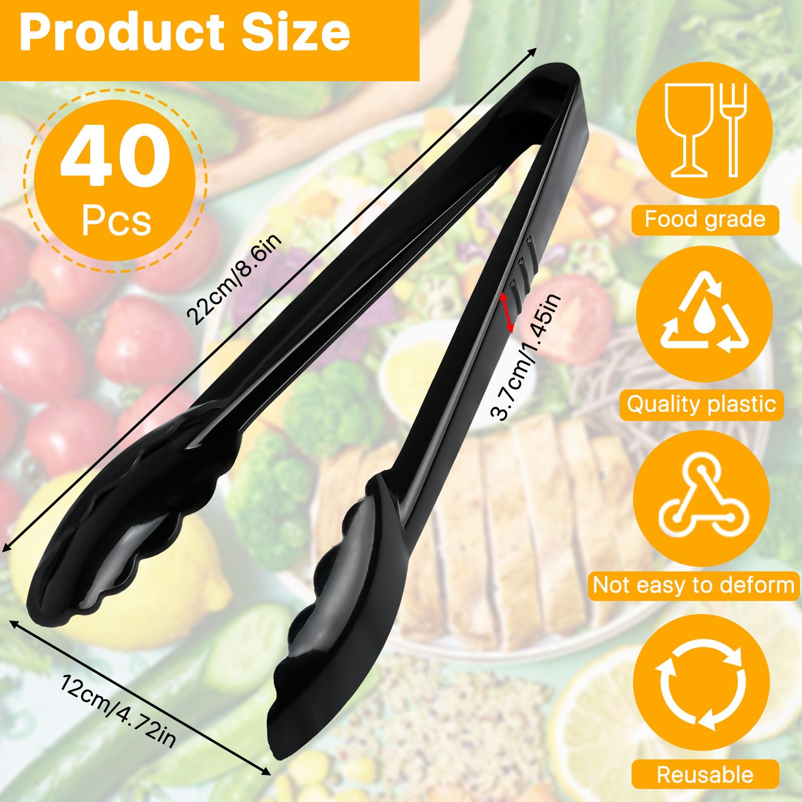 Boocalny 40Pcs Plastic Tongs for Serving Food, 9 Inch Thicken Plastic Serving Utensils Tongs, Heavy Duty Salad Tong, Disposable and Reusable Tong for Food Kitchen Buffets BBQ Events Catering, Medium
