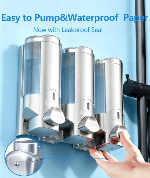 Shampoo and Conditioner Dispenser Wall Mounted - Adhesive Wall Mount Soap & Shampoo Organizer with Leakproof Pumps - Space Saving Bathroom Storage (16oz) -Silver