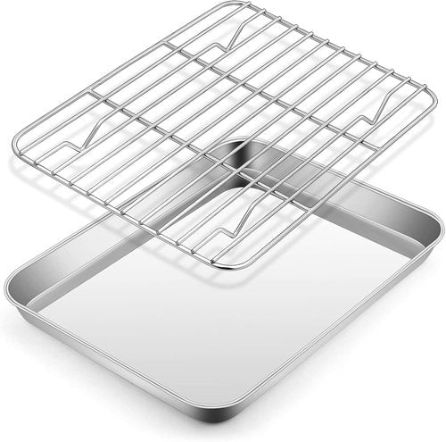 E-far Stainless Steel Baking Pan Set - 10.5”x8.3” Toaster Oven Tray with Wire Rack for Roasting & Broiling