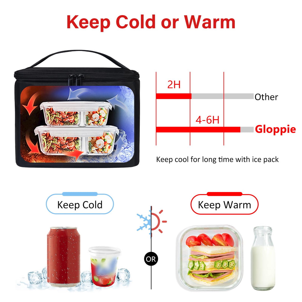 Gloppie Insulated Lunch Bag Lunch Box for Men Women Lunchbox Cooler Bag for Work Picnic, Idea for Gift, Black
