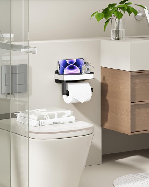 Kitsure Toilet Paper Holder - Matte Black Wall-Mount Storage with Shelf | Space-Saving Design, 7.1" W