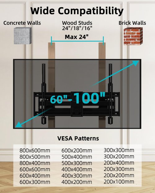 HCMOUNTING Full Motion TV Wall Mount for 60-100 Inch TVs, 30.3 Inch Long Arm, VESA 800x600 Compatible, Swivel and Tilt, Fits 16-24 Inch Studs, 165 lbs Heavy-Duty Bracket