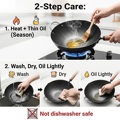 WANGYUANJI Flat Bottom Wok Pan, 12.6 Inch Carbon Steel Stir Fry Pan with Lid, Uncoated Heavy Duty Iron Woks for Cooking, Compatible with Induction Gas Electric Stovetops, Deep Frying Skillet Cookware