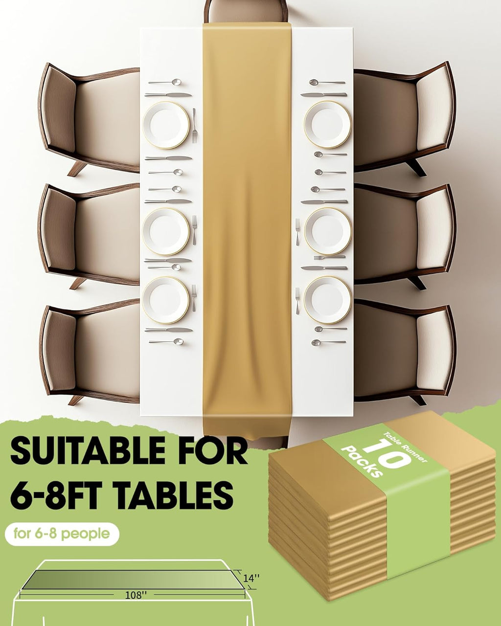 Pureegg Gold Plastic Table Runners - 10 Pack, 14'' x 108'' | Water-Resistant & Disposable for Weddings, Parties, and Home Decor