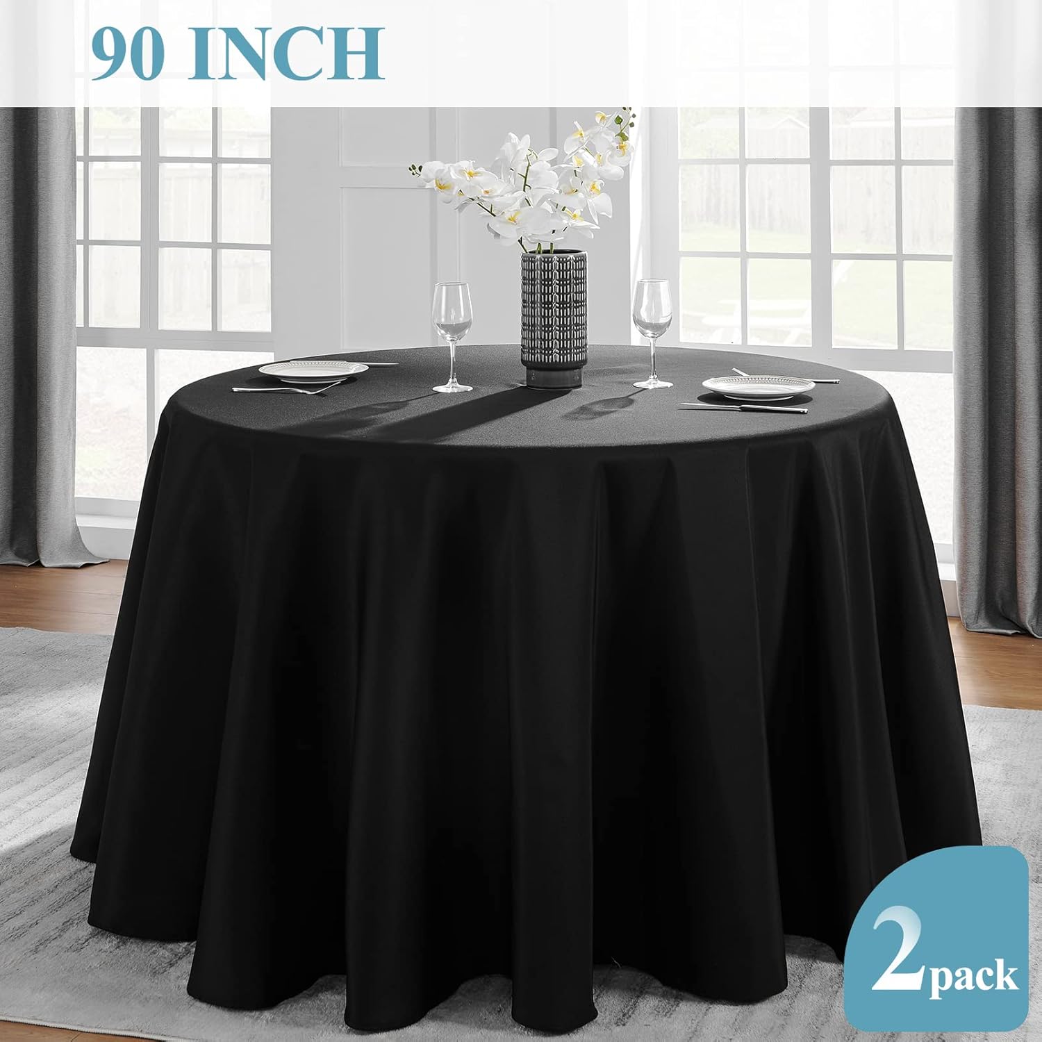 VidaFete 90-Inch Round Tablecloth - Stain Resistant & Wrinkle-Free Polyester for Dining & Events | Black